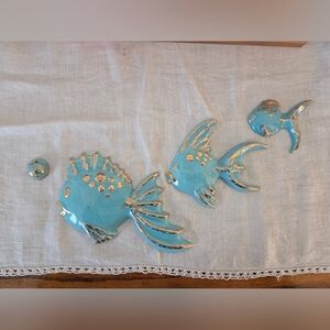 Kitch 60's Ceramic Teal Gold Fish Trio Wall Plague